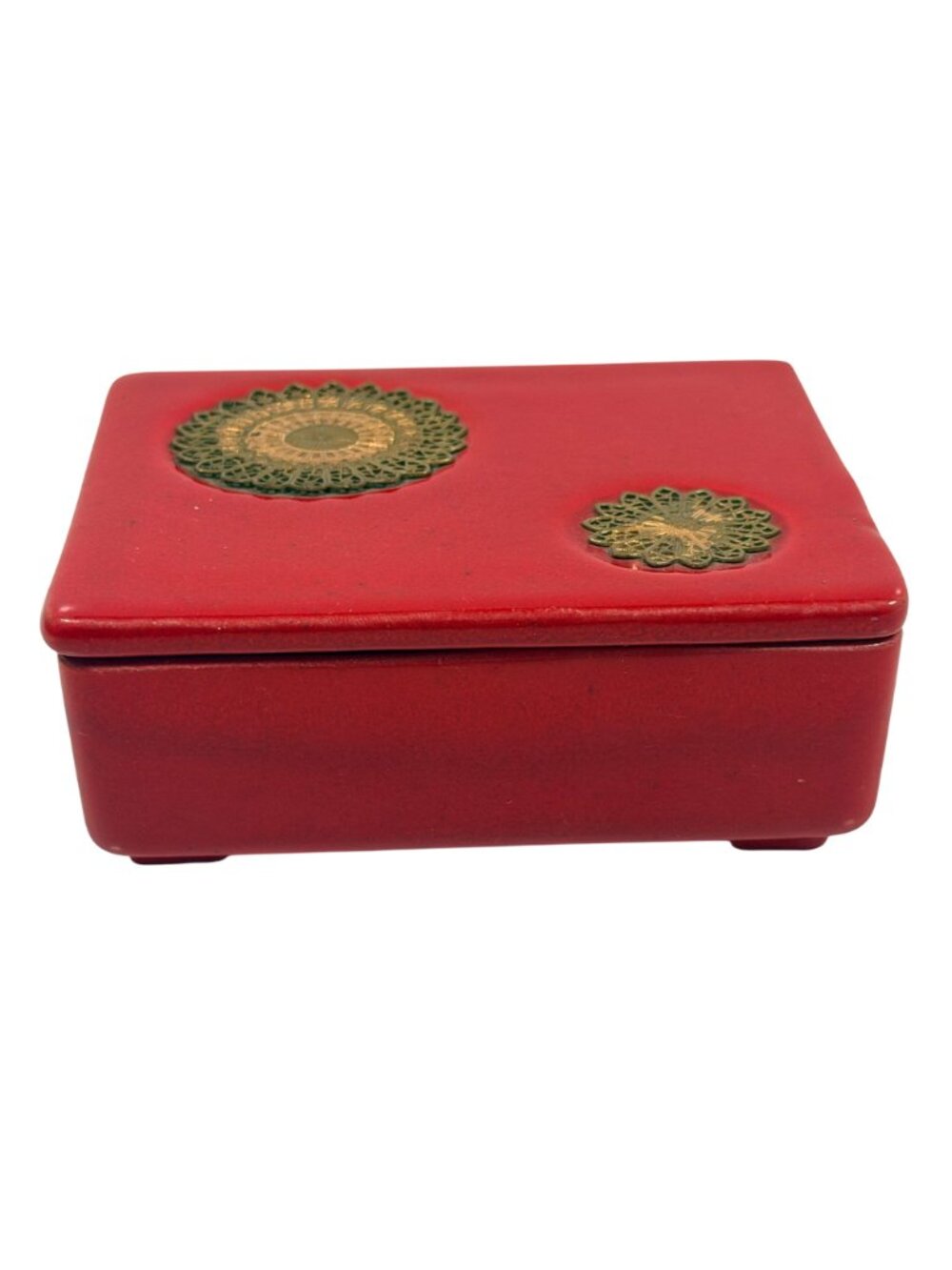 RARE Vintage Royal Haeger Red Dresser Trinket Box Brass Mandalla Accents R1688-S - Picture 8 of 9